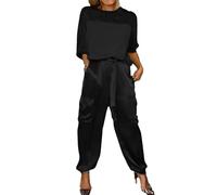 INFORMPOT Conjunto de camiseta y pantalones de satén suave para mujer, conjunto de dos piezas de satén de verano para mujer, conjunto de descanso, Negro, XL