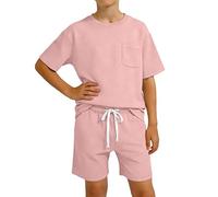 Conjunto de Camisetas y Shorts para Niños 2026, Ropa Deportiva Casual con Cuello, Camisetas Básicas de Manga Corta con Bolsillos, Juego de Verano Ligero para Actividades al Aire Libre (10-11 Years)