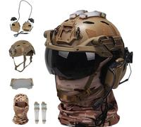 Conjunto de Casco Táctico Quick PJ: Casco Fast con Visera Antivaho, Auriculares y Pasamontañas. Luz de Señalización.(Tan,SDT)