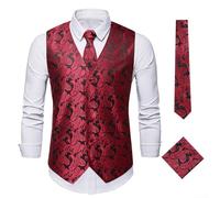 Conjunto de chaleco con estampado de cachemira para hombre con chaleco, corbata y bufanda cuadrada diseñado para negocios, bodas y vacaciones (rojo L)
