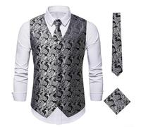 Conjunto de chaleco con estampado de cachemira para hombre con chaleco, corbata y bufanda cuadrada diseñado para negocios, bodas y vacaciones (2XL plateado)