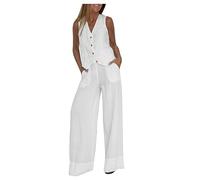 Conjunto de chaleco y pantalones de verano de 2 piezas de lino y algodón para mujer, conjunto de chaleco con botones, pantalones de pierna ancha, traje de blazer casual de lino y algodón, blanco, L