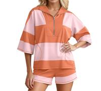 Conjunto de chándal de dos piezas para mujer, con cremallera 1/4, camiseta y pantalones cortos, monocolor, con cuello redondo, traje de casa, deporte, verano, yoga, exterior, ropa de calle, O Orange