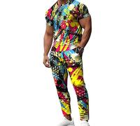 Conjunto de Chándal de Verano para Hombre de Dos Piezas Camiseta y Pantalones Largos con Estampado 3D de Llamas Ropa Deportiva Casual