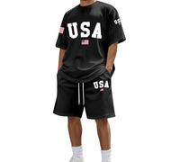 Conjunto de chándal genérico para hombre, estampado de bandera, camiseta de manga corta negra, pantalón corto con cordón de EE. UU. - Estilo patriótico, deportivo verano cómodo salidas diarias, Negro