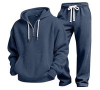 Conjunto de chándal liso de 2 piezas para hombre, cuello redondo, manga larga, sudadera y pantalones deportivos de algodón, casual, con bolsillos, ropa de traje, Ton1-azul marino, L
