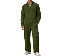 Conjunto de chándal liso de 2 piezas para hombre, cuello redondo, manga larga, sudadera y pantalones deportivos de algodón, casual, con bolsillos, ropa de traje, Ton3-verde negruzco, XXL