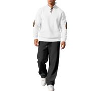Conjunto de chándal para hombre, con botones a rayas, parches en los codos, pantalones deportivos de pierna recta con cordón, conjunto completo de 2 piezas, sudadera suelta y pantalones de chándal