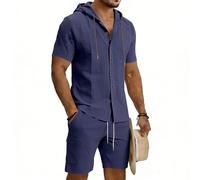 Conjunto de chándal para hombre en estilo informal de vacaciones, camiseta de manga corta con capucha moderna y prácticos pantalones cortos cargo, corte holgado para una gran comodidad, perfecto para