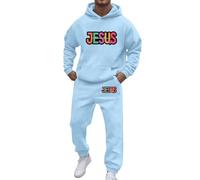 Conjunto de chándal para hombre estampado de Jesús con capucha y pantalón para correr - Traje deportivo con letras y arco iris en la espalda - para eventos LGBT, diario y Streetwear, #01-azul claro
