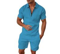 Conjunto de chándal para hombre, manga corta, con cremallera, para gimnasio, casual, correr, deporte, ropa deportiva, ropa deportiva, 2 piezas, 02-azul cielo, 6XL