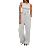 Conjunto de chándal para mujer, 2 piezas, sin mangas, ajustado, chaleco, pantalones de pierna ancha con bolsillos, conjuntos de verano para gimnasio y entrenamiento, Ceniciento claro, XL