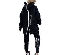 Conjunto de chándal para mujer, dos formas de desgaste, con capucha, conjunto de dos piezas, estampado de letras con cremallera, conjunto de pantalones para mujer, ropa deportiva, negro, S