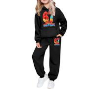 Conjunto de chándal para niña, sudadera con capucha y pantalón, traje casual, chándal de forro polar suave para jugar y para el día a día, Negro , 6-7 años