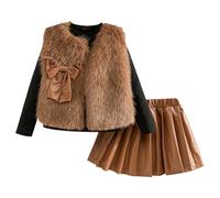 Conjunto de chica, chaleco de manga larga, cuello redondo, alto, falda de PU plisada de tres piezas para cualquier niño y pequeño estilo urbano(marrón, 3-4 años)