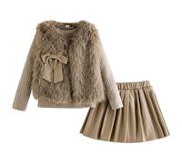 Conjunto de chica, chaleco de manga larga, cuello redondo, alto, falda PU plisada tres piezas para cualquier niño y pequeño estilo urbano (Khaki, 6-7 años)