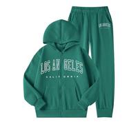 Conjunto de chica polar chándal de invierno cálido con letras impresas con capucha, pantalones Jogger ropa caliente de dos piezas, deporte casual juego para cualquier joven (oscuro verde de 5 a 6 años