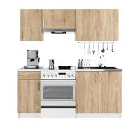 Conjunto de cocina akord lima 18m blanco 180 cm 7 puertas 1 cajón frente en color roble sonoma 8 estantes 180x44,5x203 cm