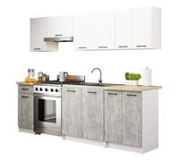 Conjunto de cocina akord oliwia 24m blanco 240 cm 11 puertas 1 cajón frente en color gris hormigón 12 estantes 240x46x203 cm