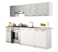 Conjunto de cocina akord oliwia 24m gris hormigón 240 cm 11 puertas 1 cajón frente en color blanco 12 estantes 240x46x203 cm
