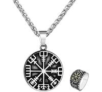 Conjunto de collar, anillo y colgante con símbolo de acero inoxidable, joyería con amuleto de brújula y tótem.