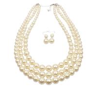 Conjunto de collar y pendientes de perlas de imitación de 3 capas, conjunto clásico de joyas con perlas redondas, collar llamativo ajustable para bodas, fiestas, novias y uso diario