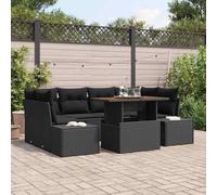 Conjunto de comedor de jardín 7 piezas poli Rattan negro marrón | Mesa rectangular, Asientos con almacenamiento, Cojín de espuma, Acero y madera de acacia, Modular
