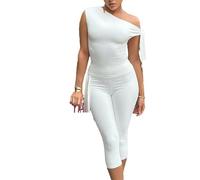 Conjunto de cordones de un solo hombro para mujer, parte superior de corsé y pantalones cortos de cintura estilo paperbag, blanco, S