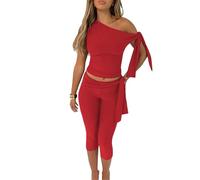 Conjunto de cordones de un solo hombro para mujer, parte superior de corsé y pantalones cortos de cintura estilo paperbag, rosso, S