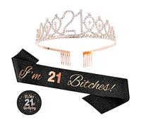 Conjunto de corona y bufanda de 21 años - "I'm 21 bitches" Bufanda negra con purpurina con corona de cristal e insignia, regalo de cumpleaños para mujer, grand, Diamante falso, Diamante creado