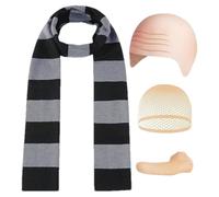 Conjunto de cosplay de cabeza calva, conjunto de disfraces de Halloween con bufanda a rayas | Conjunto de disfraces de sombreros de 4X, sombrero de peluca calvo, nariz falsa, bufanda