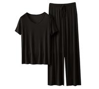 Conjunto de cuello redondo de otoño fino de color sólido de manga larga para mujer, casual, talla grande, conjunto de dos piezas de satén consciente del cuerpo (negro, M)