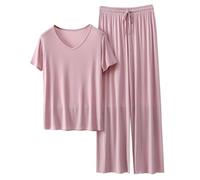 Conjunto de cuello redondo de otoño fino de color sólido de manga larga para mujer, casual, talla grande, conjunto de dos piezas de satén consciente del cuerpo (rosa, L)