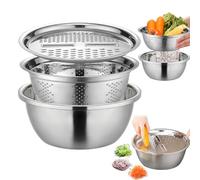 Conjunto de cuencas de acero inoxidable multifuncional: ensaladera con rallador, colador y colador | 3 en 1 tazón de mezcla para cortar, enjuagar y reír vegetales, frutas e ingredientes de la cocina
