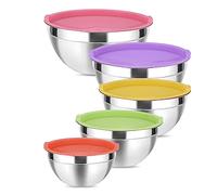 Conjunto de cuencos de acero inoxidable con tapas herméticas - 4,1 L / 3,4 L / 2,5 L / 2,0 L / 1,4 L. Ideal para cocinar, hornear y almacenar. Apilables para ahorrar espacio y aptos para lavavajillas.