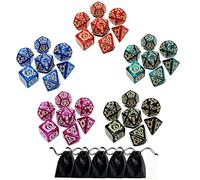 Conjunto de dados poliédricos DND, pack de 5 dados vintage con patrón de dragón, con D4 D6 D8 D10 D% D12 D20, compatible con juegos de rol de Dungeons and Dragons D&D (5 colores, 35 piezas)