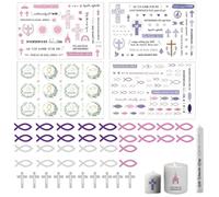 Conjunto de Decoración de Velas para la Sagrada Comunión - 4 Pegatinas Grandes de Cera (14x19 cm), 30 Decoraciones de Pez (3 Colores) y 10 Cruces de Madera - Diseño Exclusivo y Fácil de Usar