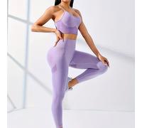 Conjunto de deportivo sin costuras de espalda y mallas de yoga con levantacola en color sólido elástico para yoga, gimnasio y uso diario, tejido de punto - Todo el año