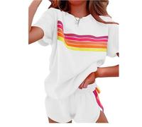 Conjunto de Descanso Mujer 2 Piezas Verano Set Retro Neón Arcoíris Rayas Camiseta Manga Corta y Shorts a Juego Chándal Deportivo(White,X-Large)