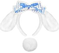 Conjunto de Diadema con Orejas de Conejo de Peluche y Cola, Diademas con Orejas de Conejo y Lazo Encaje, Diadema Peluda de Kawaii, Accesorio de Disfraz para Fiestas de Pascua, Halloween, Cosplay (A)