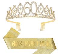 Conjunto de diadema y bufanda de 60 años para mujer, "60 & Fabulous", corona plateada con pedrería, accesorios de cumpleaños, 60 años, decoración de regalo, grand, Diamante falso, Diamante creado
