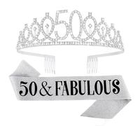 Conjunto de diadema y bufanda de 60 años para mujer, "60 & Fabulous", corona plateada con pedrería, accesorios de cumpleaños, 60 años, decoración de regalo, grand, Diamante falso, Diamante creado