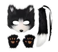 Conjunto de disfraces de cosplay, kit de cubierta de cara de lobo de felpa,ropa peluda Cat Face Cover Tail Paw Guantes Set | Accesorios de Cosplay, disfraz de Animal Divertido para Halloween