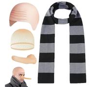 Conjunto de disfraces de Halloween con bufanda a rayas, juego de accesorios de disfraces para adultos, juego de rol de cabeza calva - 4 juegos de disfraz de sombrero de peluca calva, bufanda
