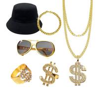Conjunto De Disfraces De Hip Hop, Traje De Los Años 80 Y 90 Accesorios,para Collar Dollar, Anillo Dolar, Pulseras, Sombrero con 1 Par de Gafas,para Unisex Carnaval Fiesta, Accesorios de Rapero