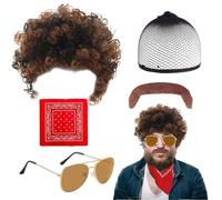 Conjunto de Disfraces de Hippies Set, peluca, bandana, red para el cabello, barba falsa y gafas de sol Accesorios Retro Estilo Años 70, para Fiesta de Carnaval Temática de Los Años 70 Halloween