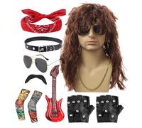 Conjunto De Disfraces - Kit De Trajes 10pcs, Accesorios De Fiesta De 80 Años | Punk Wig Beard Gafas De Sol Banda De Sol Falsos Guantes De Guitarra Y Mangas Con Estilo Vestido