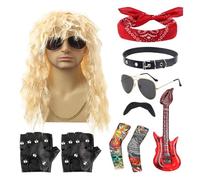Conjunto De Disfraces - Kit De Trajes 10pcs, Accesorios De Fiesta De 80 Años | Punk Wig Beard Gafas De Sol Banda De Sol Falsos Guantes De Guitarra Y Mangas Con Estilo Vestido