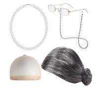 Conjunto de disfraz de abuela - Peluca de abuelita de pelo gris con collar de perlas, gafas, accesorios de cadena de | 100 Days Of School Old Lady Peluca Disfraz Cosplay Set