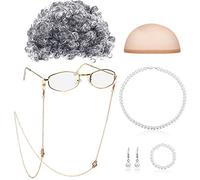 Conjunto de Disfraz de Anciana Gorro de Peluca Cordones de Cadena de Gafas Collar de Cuentas de Perlas de Imitación (Gris Peluca Afro)